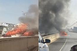 Collage photo of a Range Rover on fire along the Nairobi Expressway.
